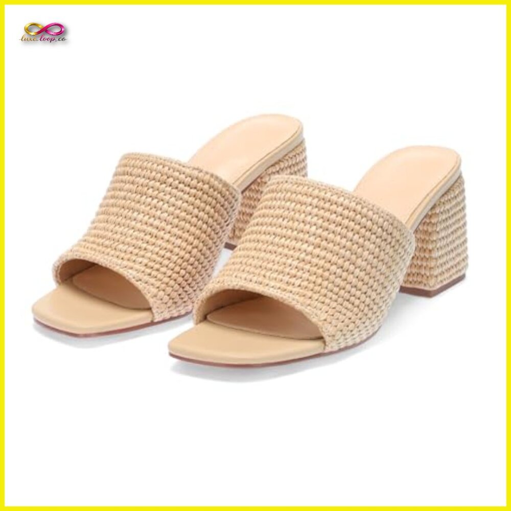 Raffia Woven Block Heel Sandals Slip On Wedge Casual Beach Summer - Picture 4 of 7